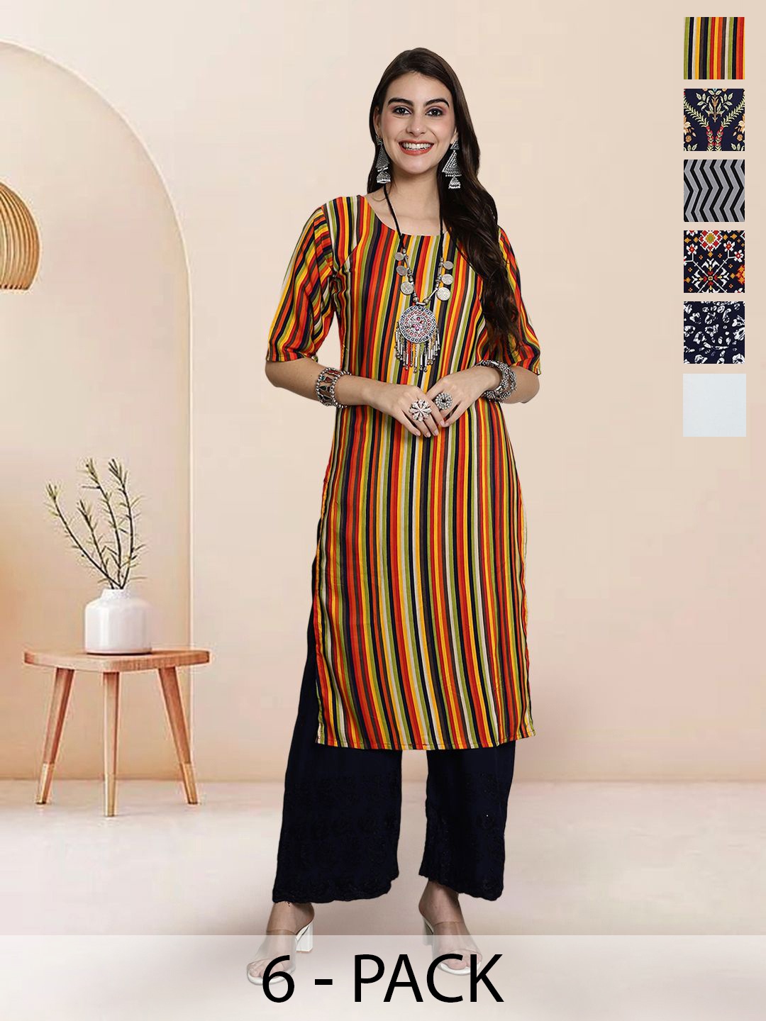

7Threads Selection Of 6 Striped Printed Round Neck Straight Kurtas, Yellow