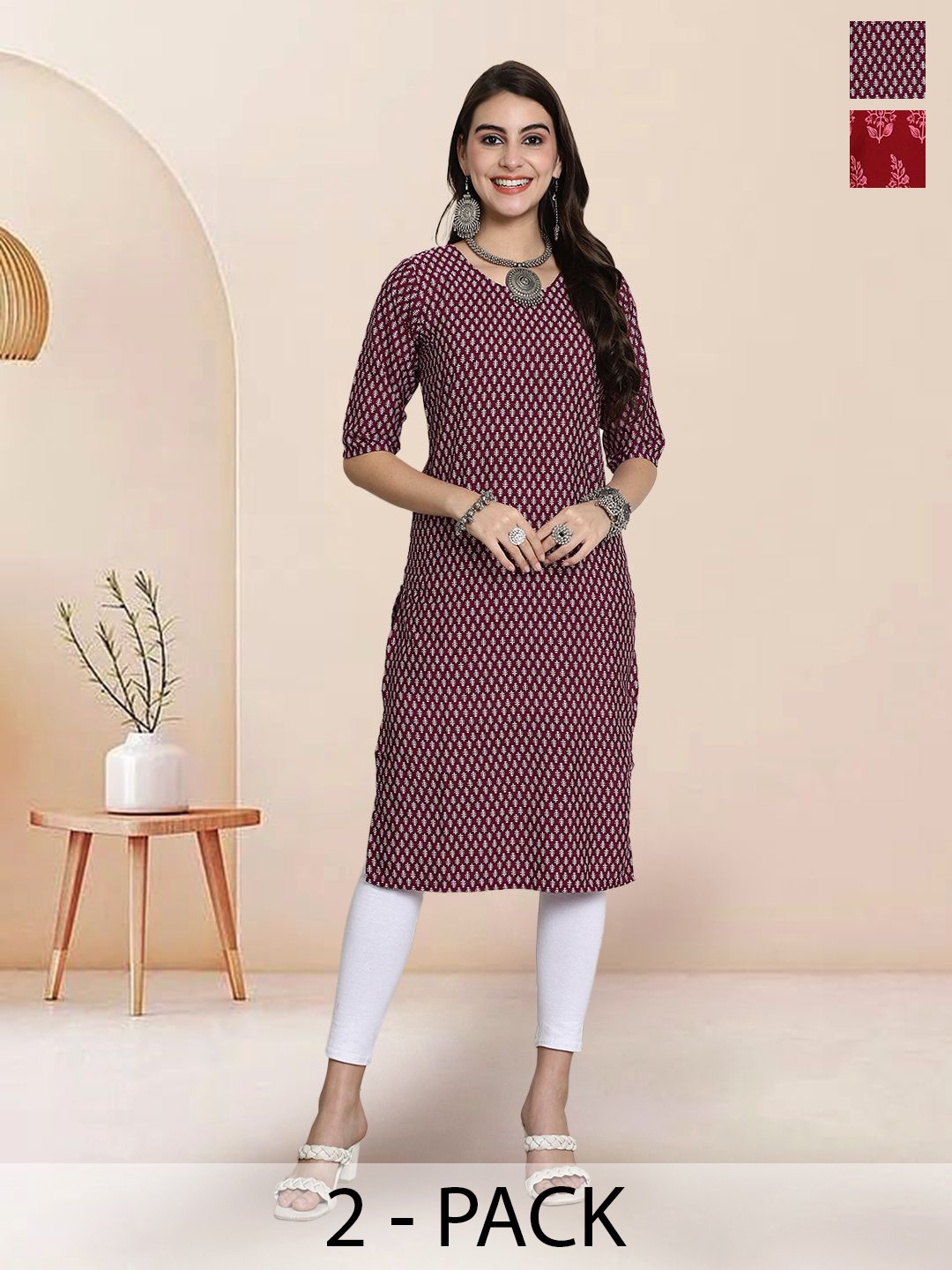 

7Threads Selection Of 2 Floral Printed Round Neck Straight Kurtas, Maroon