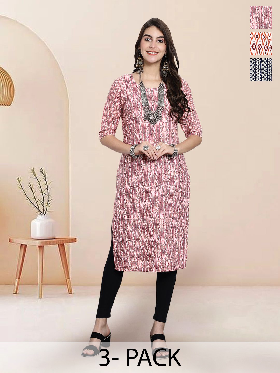 

7Threads Selection of 3 Geometric Printed Round Neck Straight Kurtas, Peach