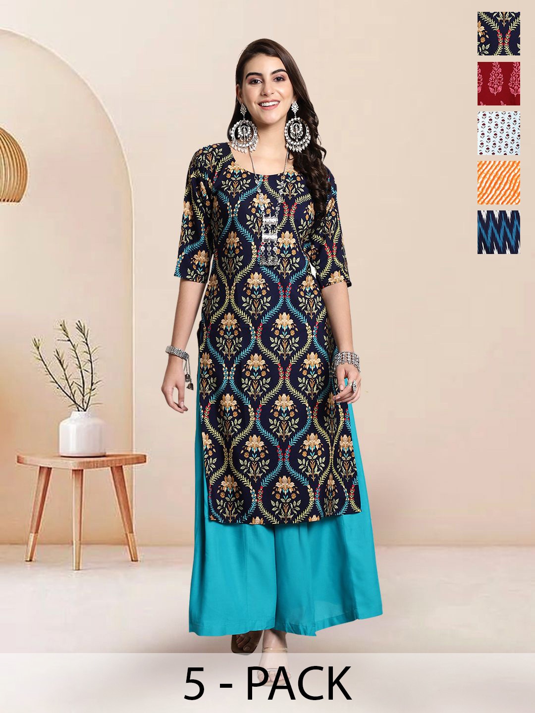 

7Threads Selection Of 5 Floral Printed Round Neck Straight Kurtas, Navy blue