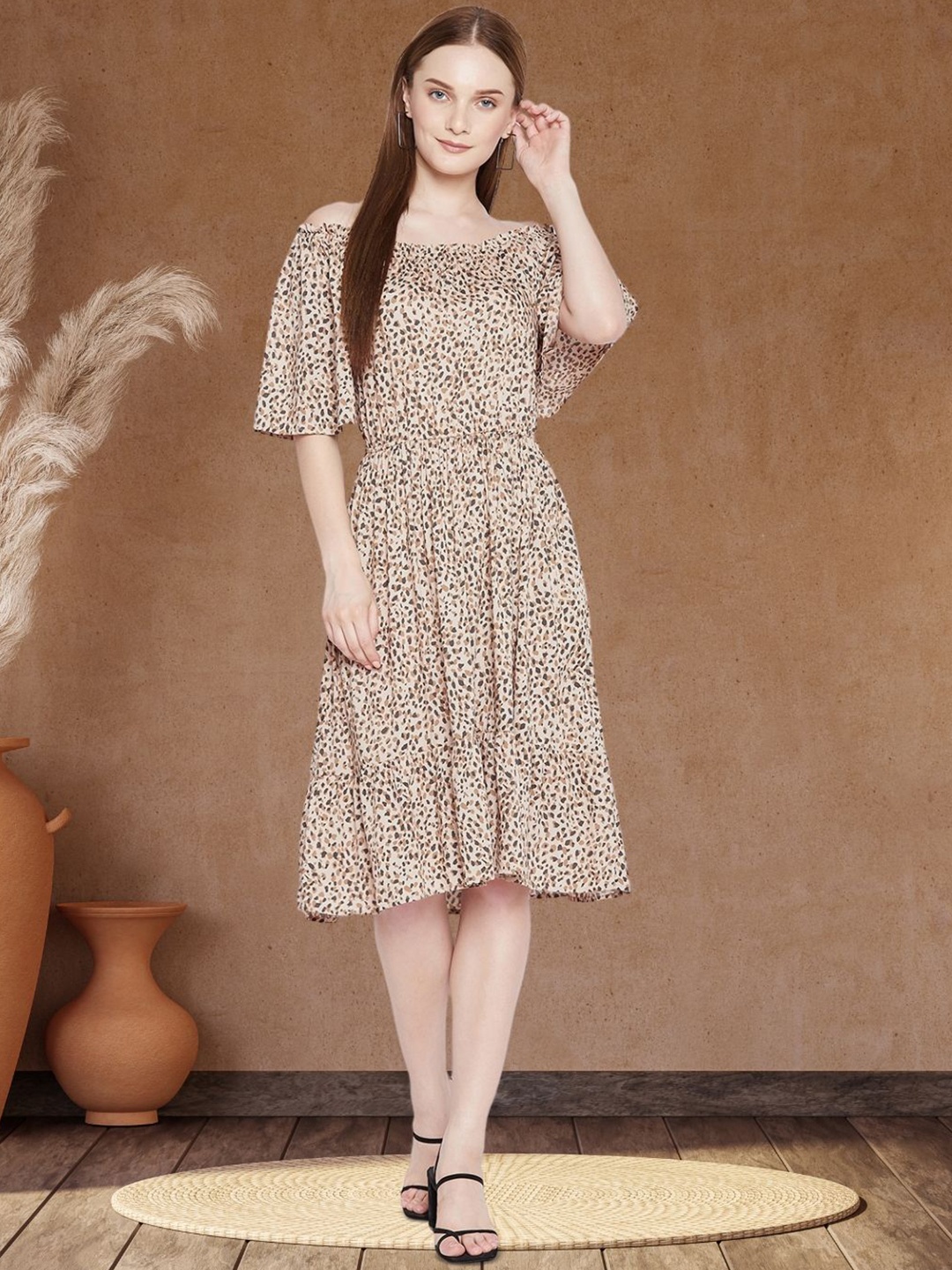 

DressBerry Animal Print Off-Shoulder A-Line Dress, Brown