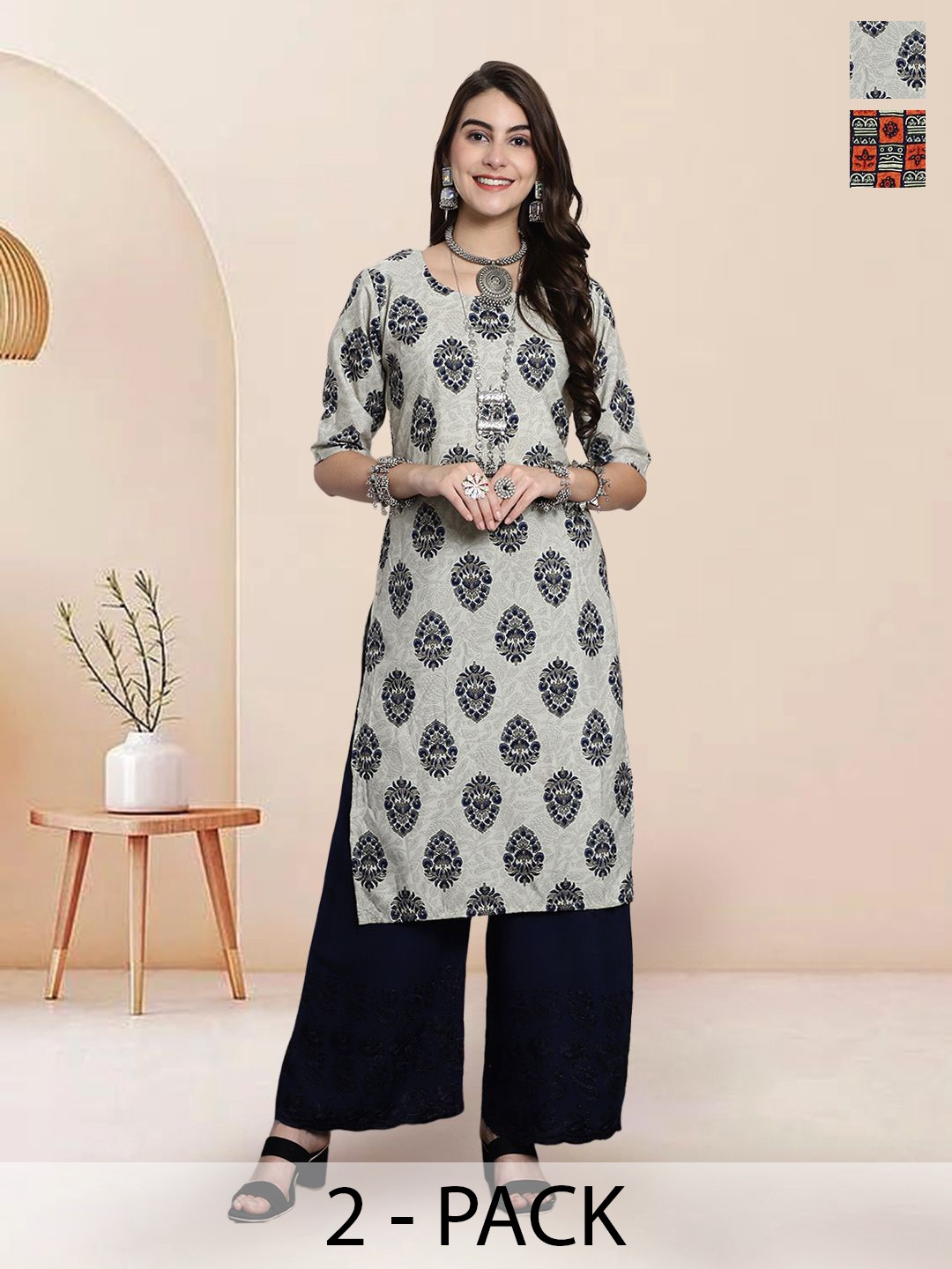 

7Threads Selection of 2 Floral Printed Round Neck Straight Kurtas, Multi