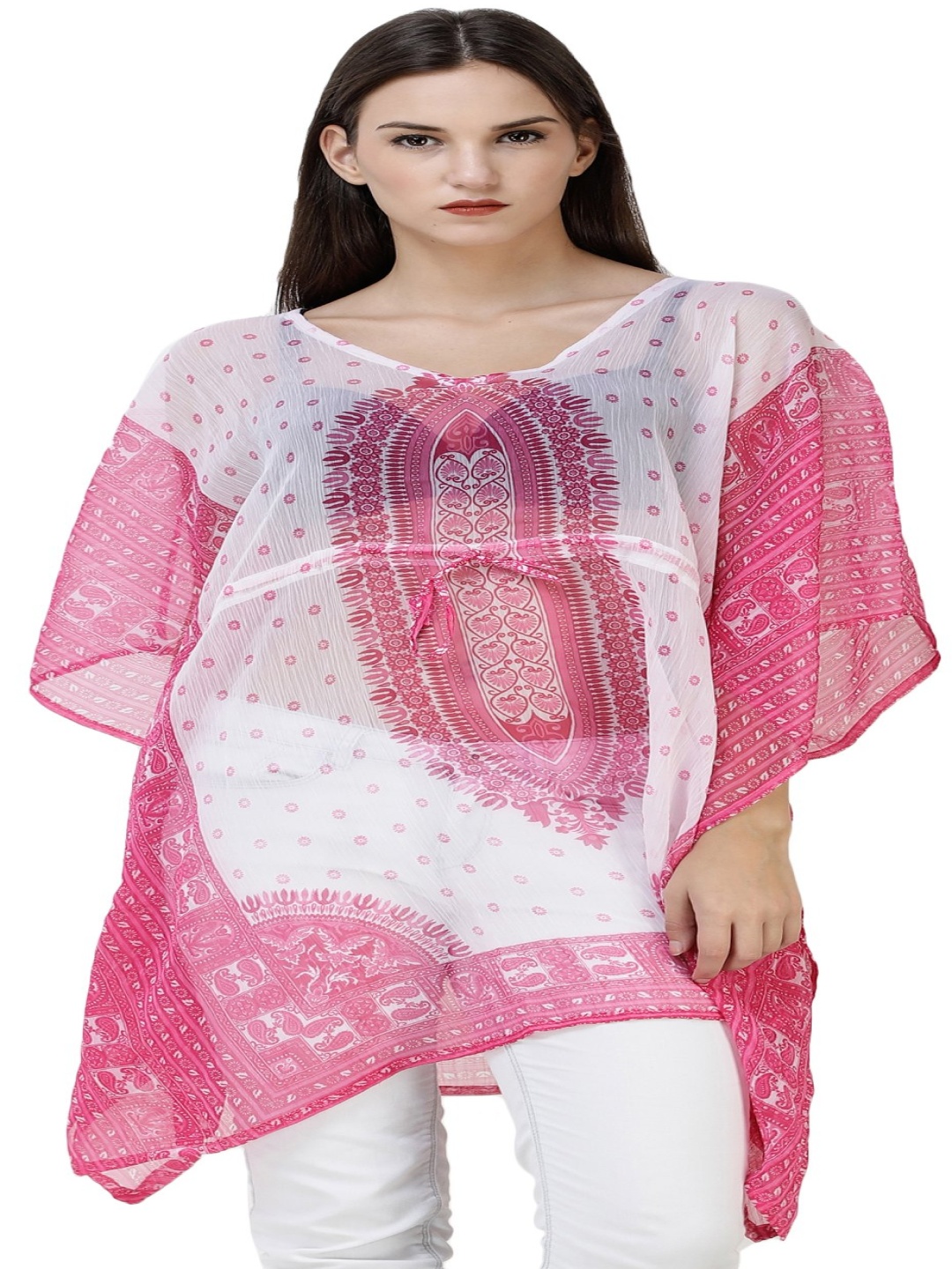 

Exotic India Printed Kimono Sleeve Kaftan Dress, Pink