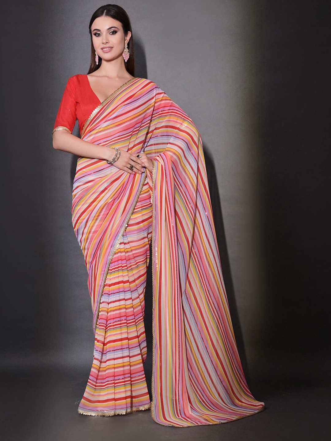 

KALINI Striped Sequinned Poly Georgette Saree, Red