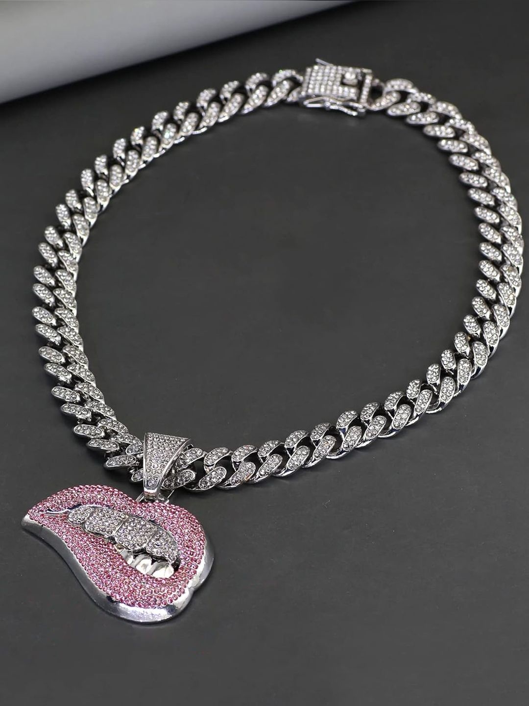 

VAGHBHATT Men Sterling Silver-Plated CZ-Studded Hip Hop Bite Lip Shape Pendant & Chain