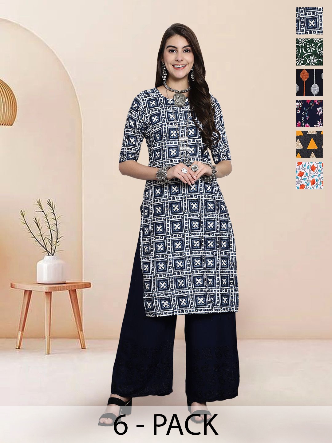 

7Threads Selection Of 6 Geometric Printed Round Neck Straight Kurtas, Blue