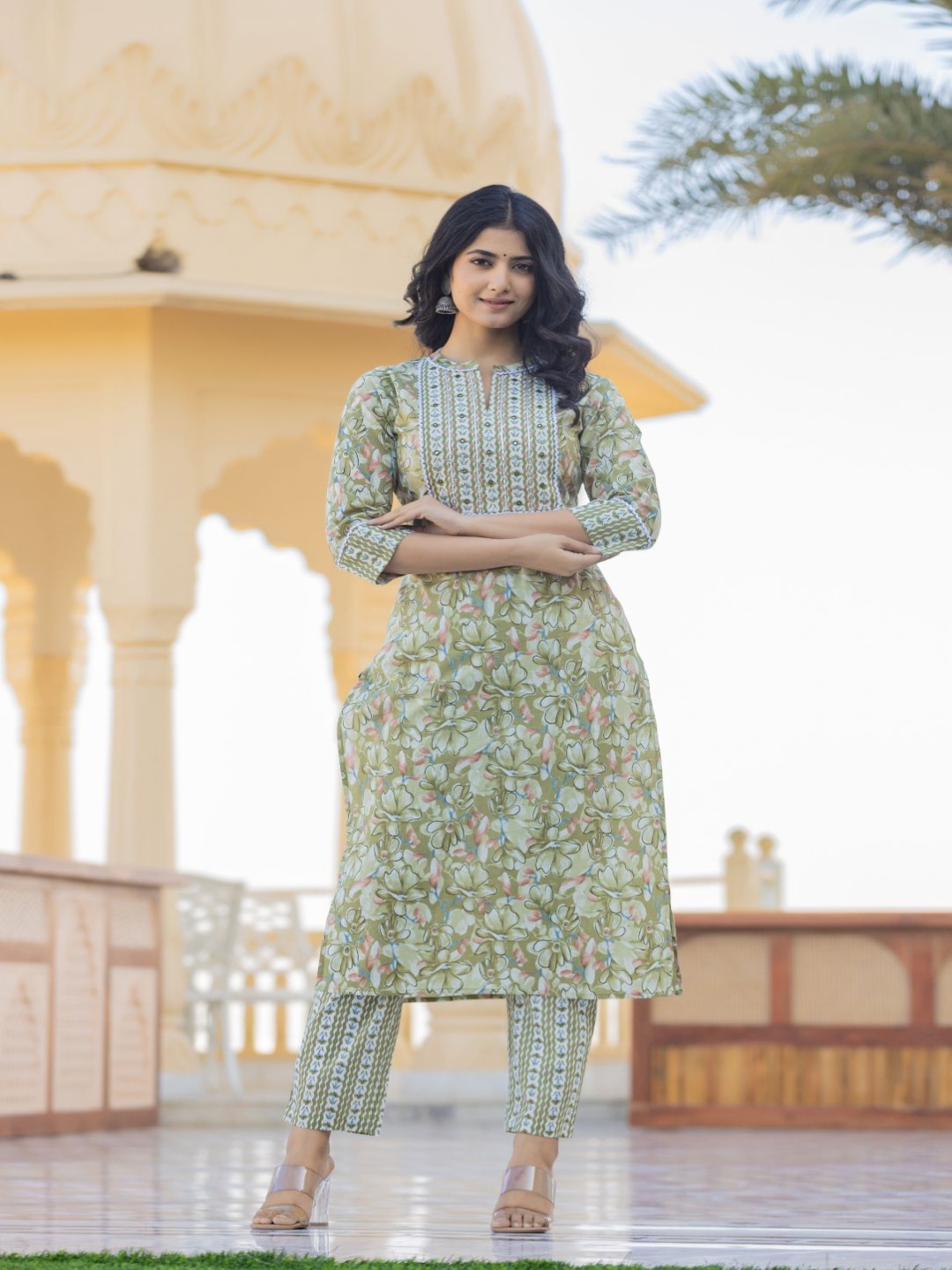 

AARDRAA Floral Printed Mirror Work Pure Cotton Straight Kurta With Trousers & Dupatta, Green