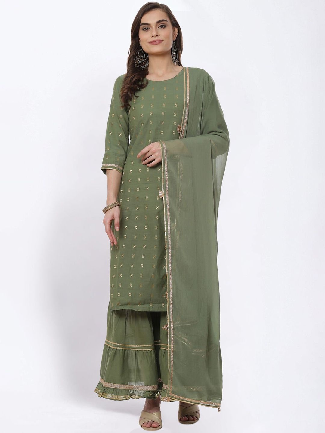 

Rangriti Geometric Woven Design Pure Cotton Straight Kurta With Sharara & Dupatta, Green