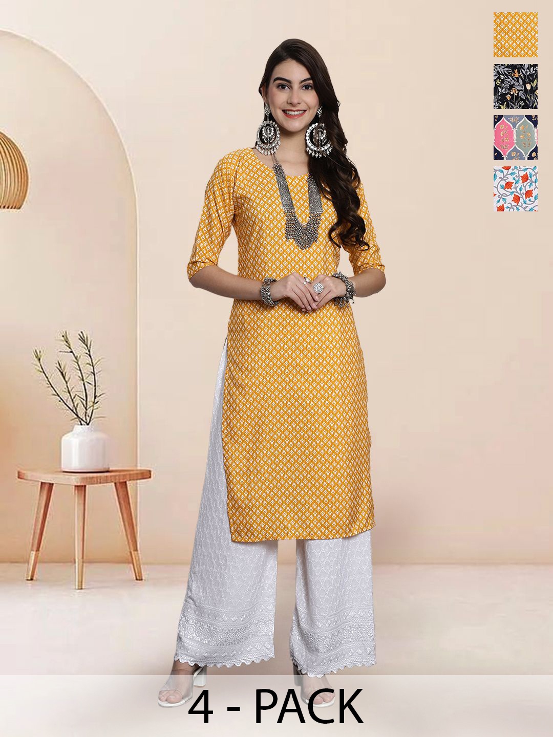 

7Threads Selection Of 4 Floral Printed Round Neck Straight Kurtas, Yellow