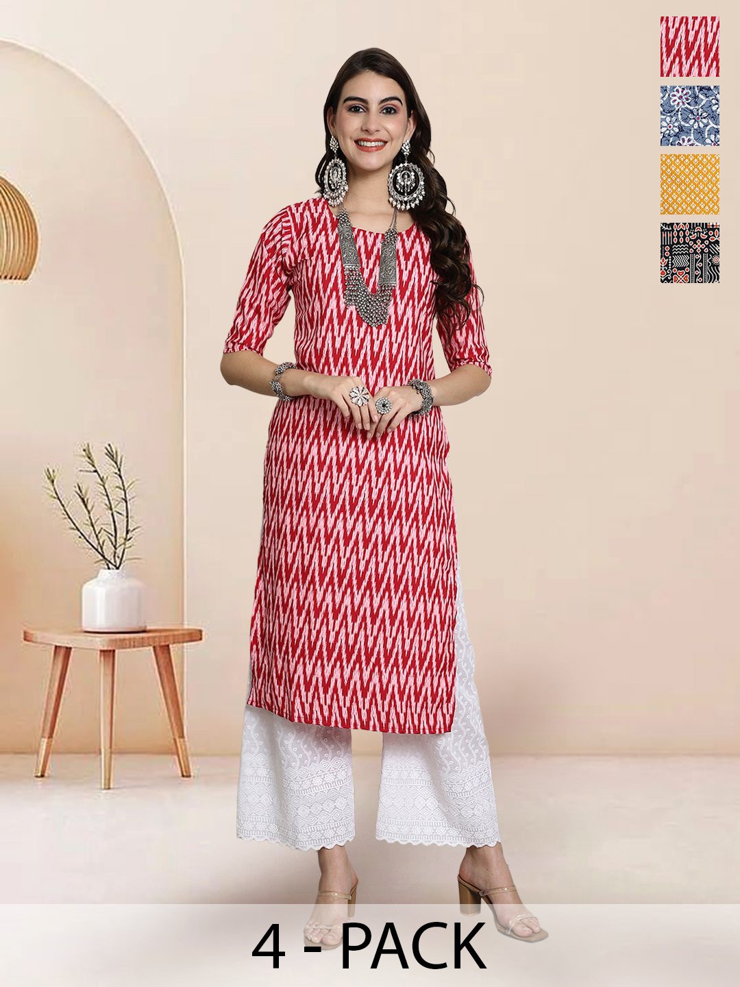 

7Threads Selection Of 4 Ethnic Motifs Printed Round Neck Straight Kurtas, Red
