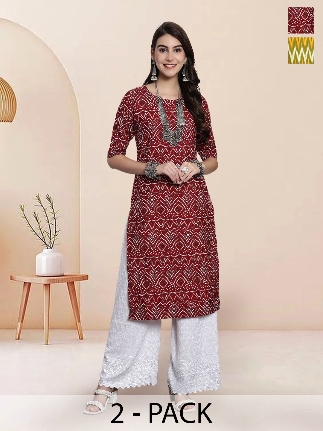 

7Threads Selection Of 2 Bandhani Printed Round Neck Straight Kurtas, Maroon