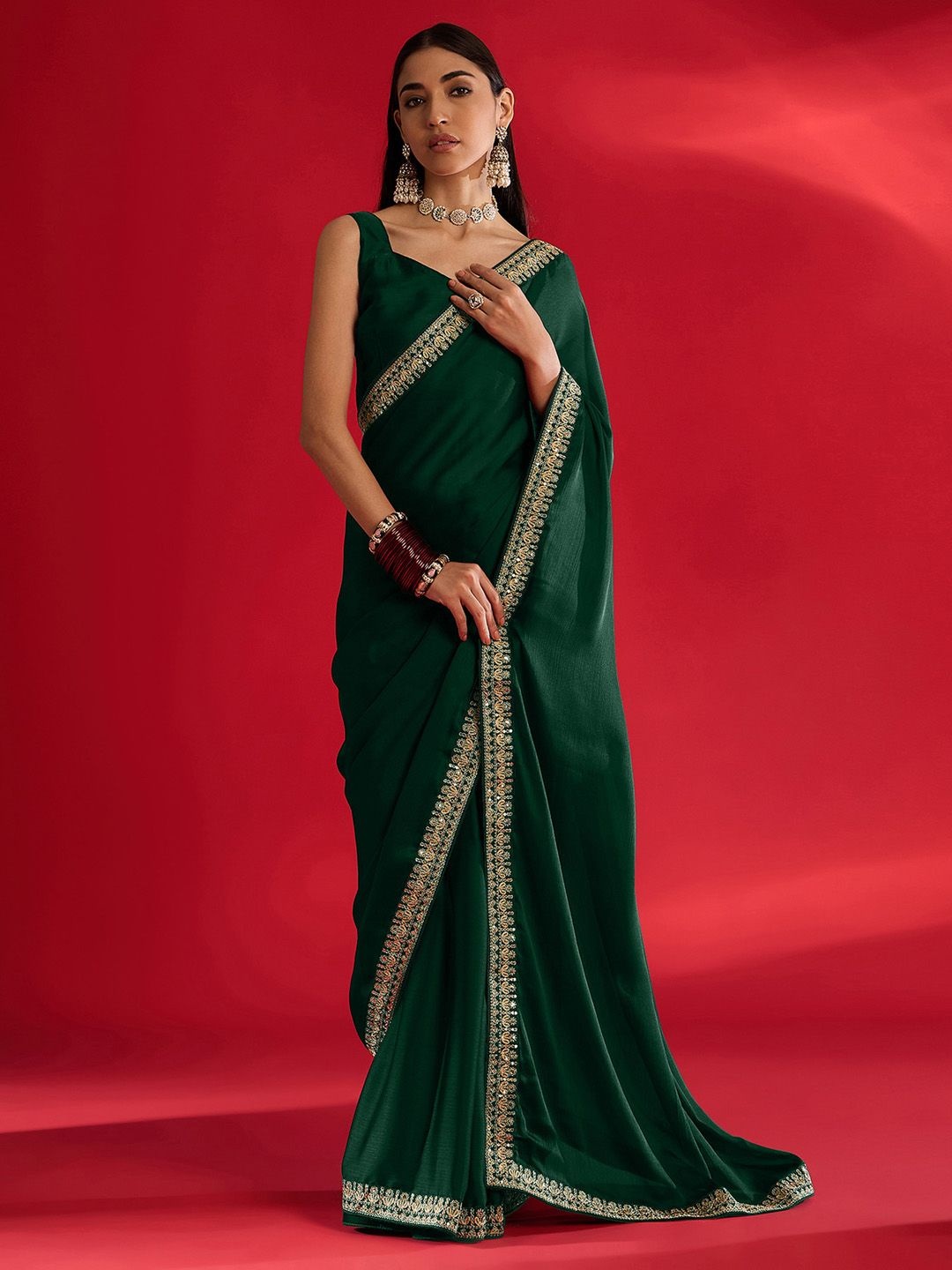 

Mitera Embroidered Satin Saree, Green