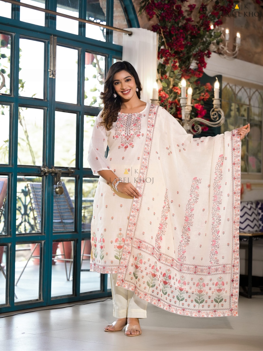 

Label Khoj Ethnic Embroidered Regular Thread Work Linen Kurta with Trousers & Dupatta, White