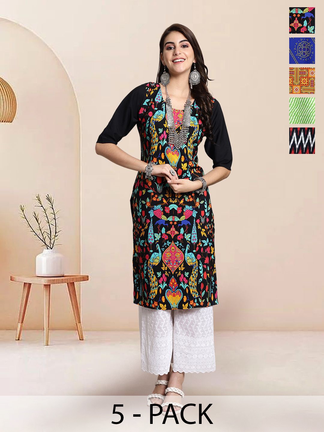 

7Threads Selection Of 5 Ethnic Motifs Printed Round Neck Kurtas, Black