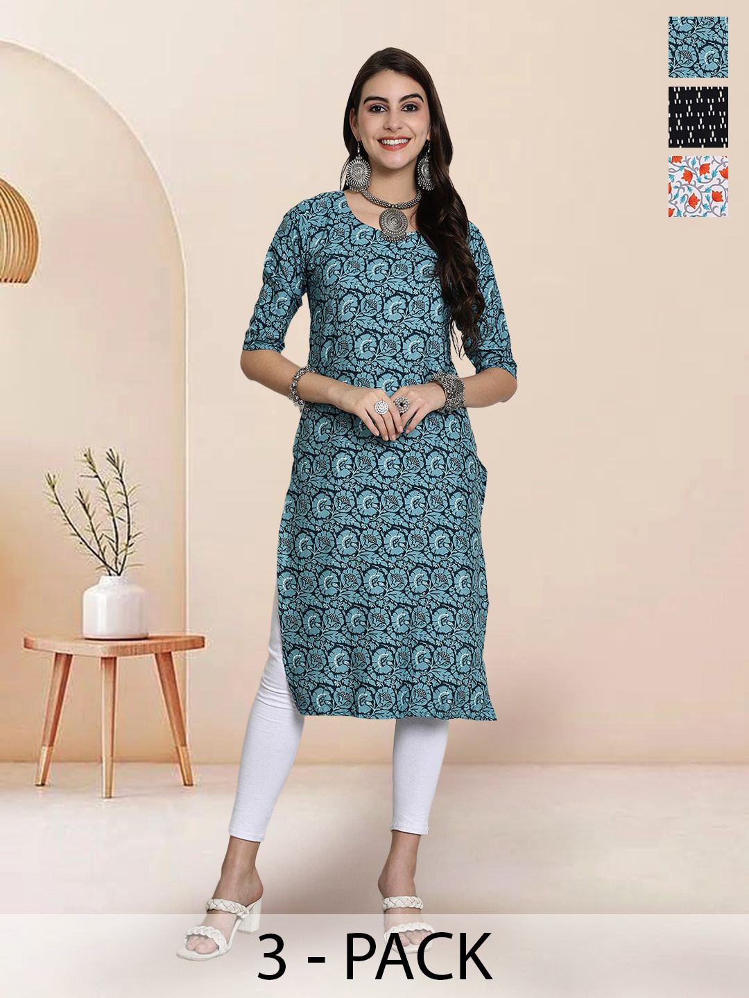 

7Threads Selection Of 3 Floral Printed Round Neck Straight Kurtas, Teal