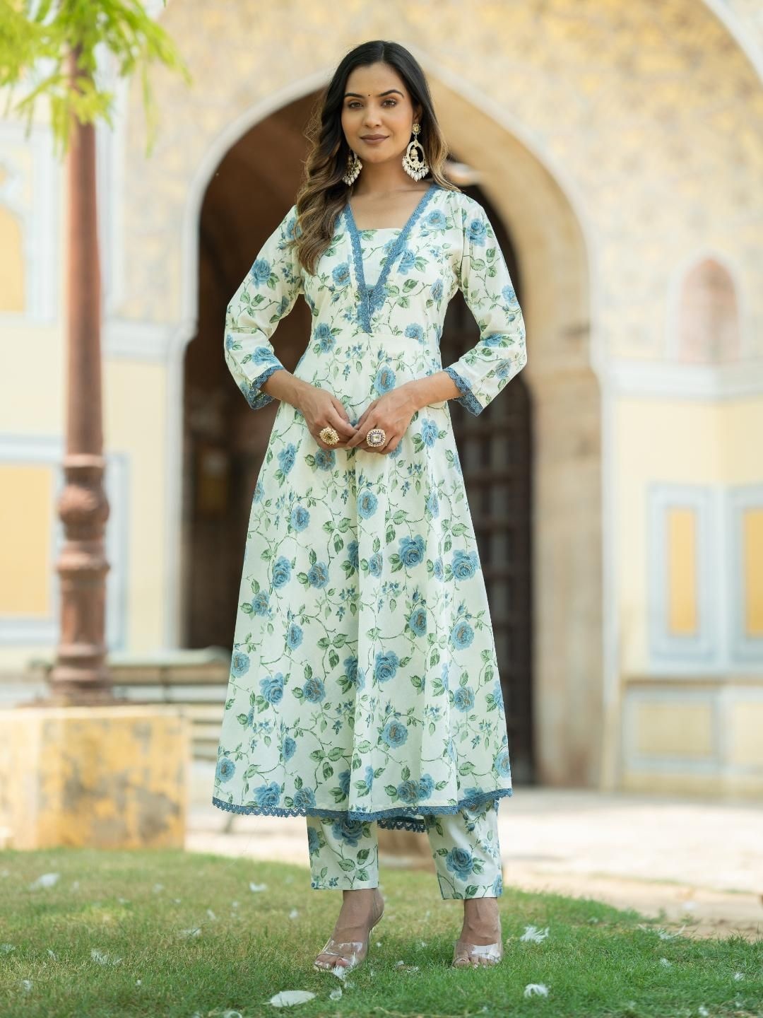 

Moda Rapido Cream-Coloured Floral Printed Square Neck Pure Cotton Anarkali Kurta & Trouser