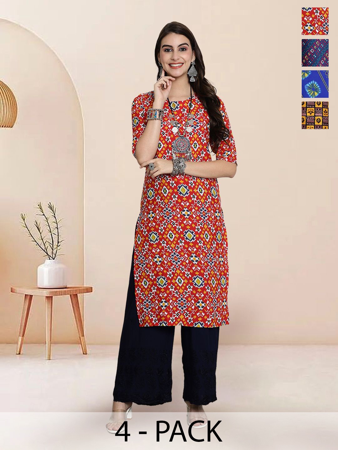

7Threads Selection Of 4 Ethnic Motifs Printed Round Neck Straight Kurtas, Red