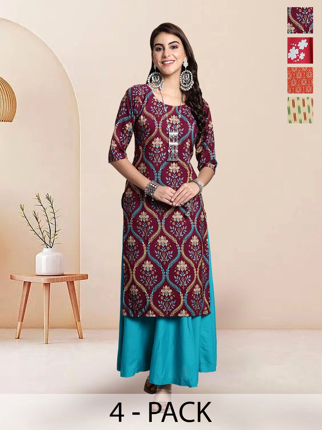 

7Threads Selection Of 4 Floral Printed Round Neck Straight Kurtas, Maroon