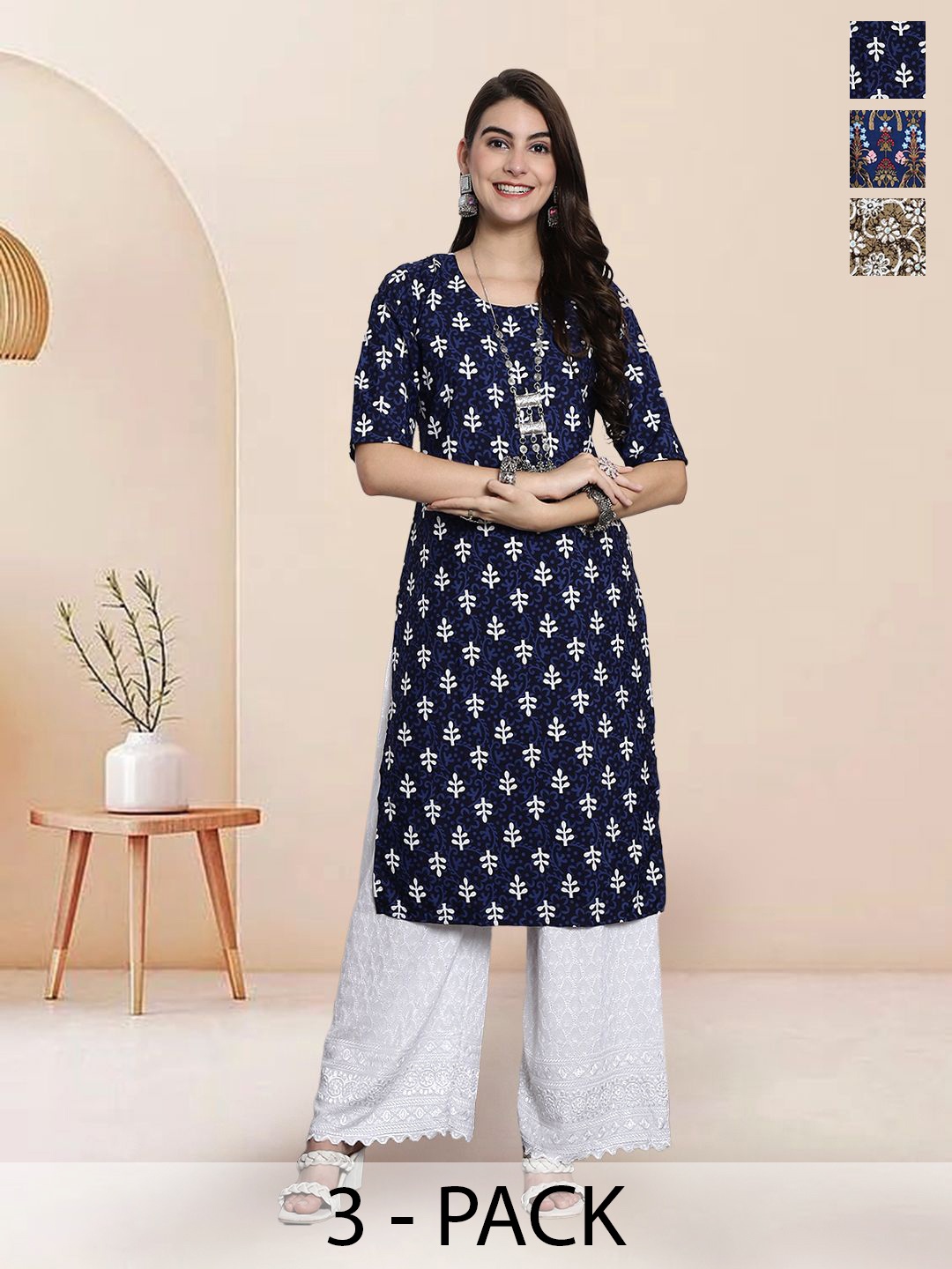 

7Threads Selection of 3 Floral Printed Round Neck Straight Kurtas, Blue