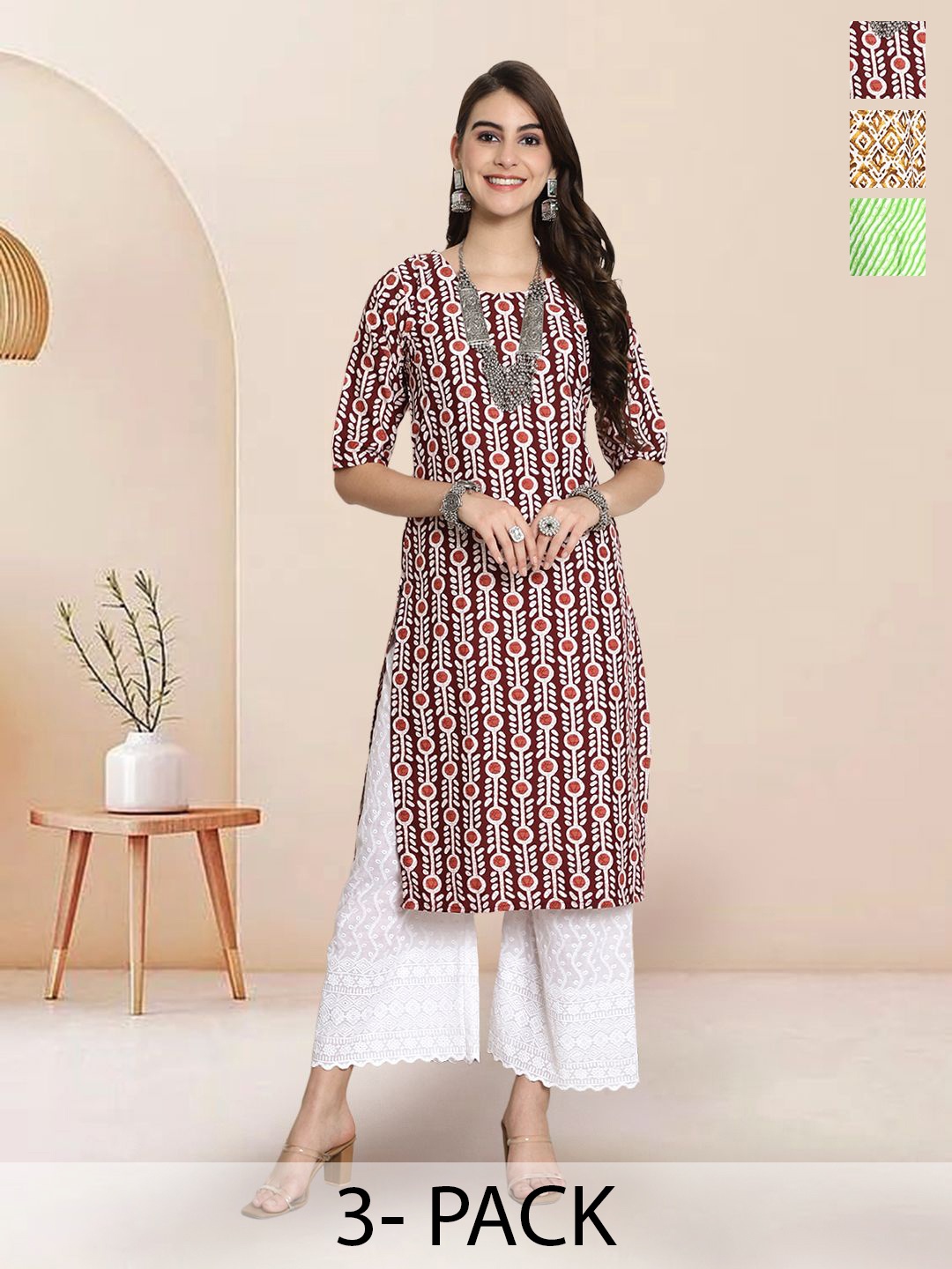 

7Threads Selection Of 3 Ethnic Motifs Printed Straight Round Neck Kurtas, Maroon