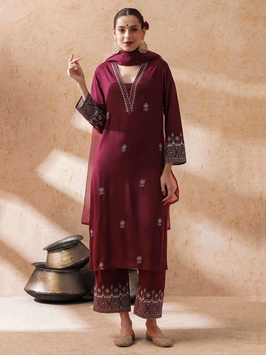 

STYLEBAAZI Embroidered V-Neck Sequinned Pure Cotton Straight Kurta With Trouser & Dupatta, Maroon