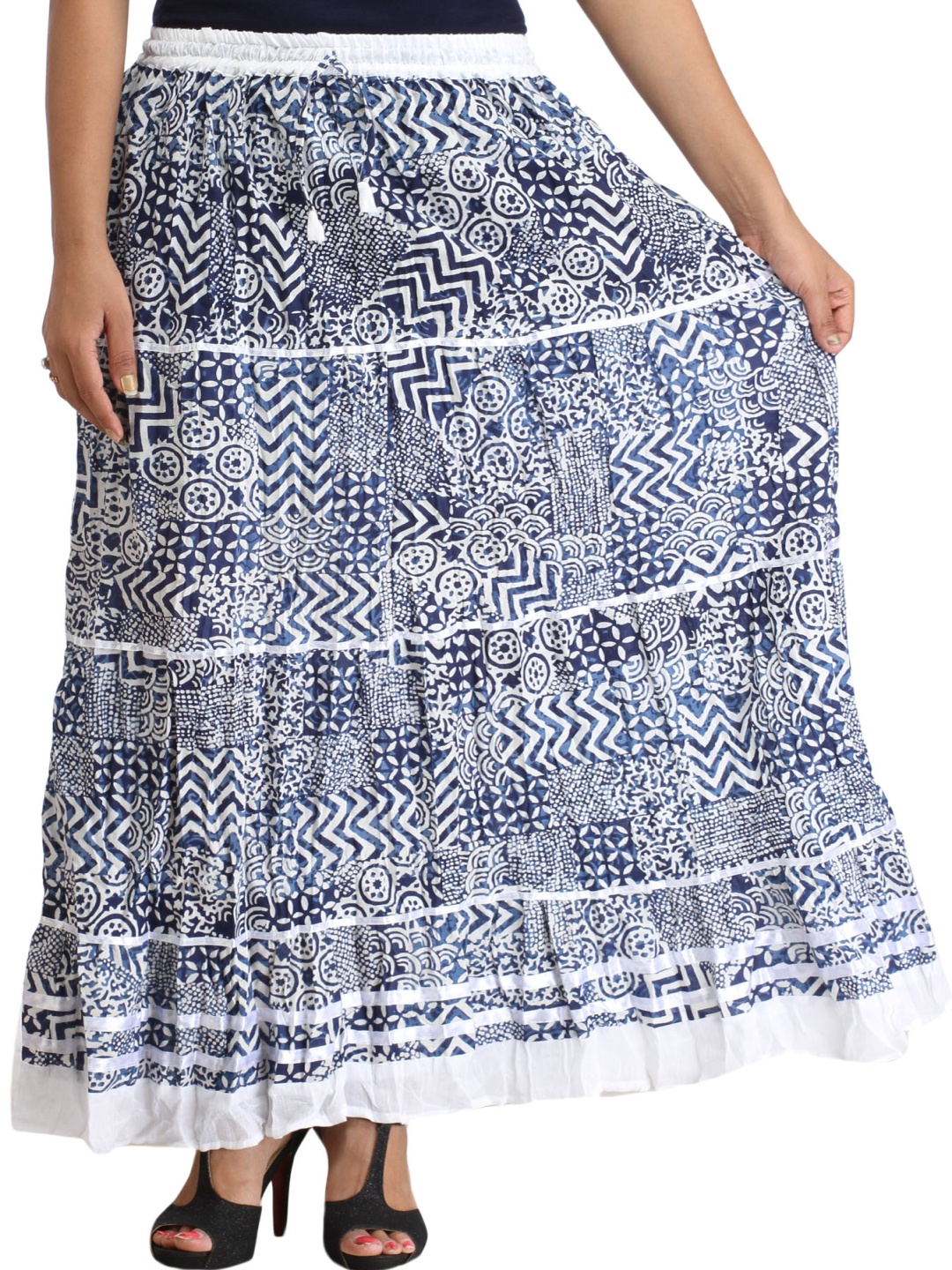 

Exotic India Printed Pure Cotton Flared Maxi Skirt, Blue