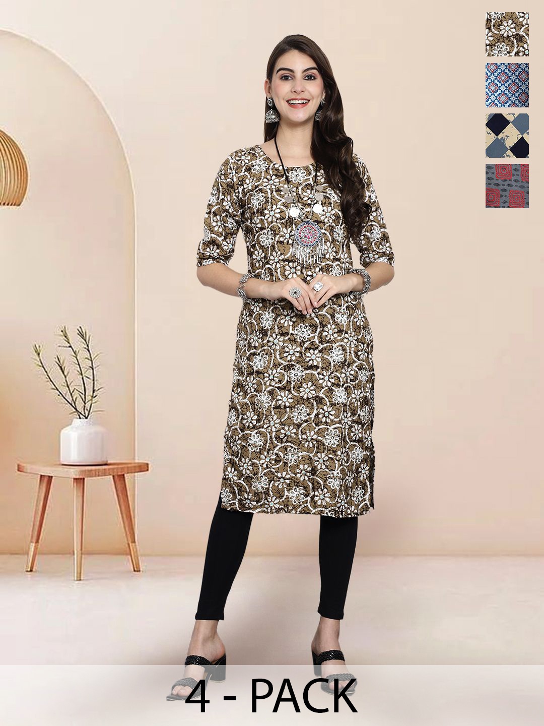 

7Threads Selection of 4 Floral Printed Round Neck Straight Kurtas, Brown