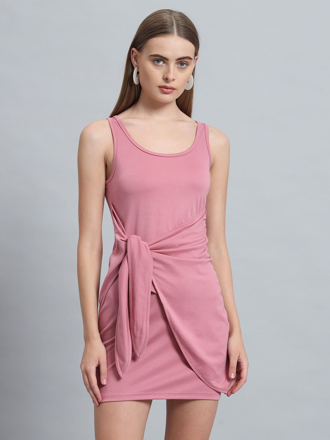 

ND & R Women Strechable Solid Sleeveless Bodycon Mini Length Dress, Pink