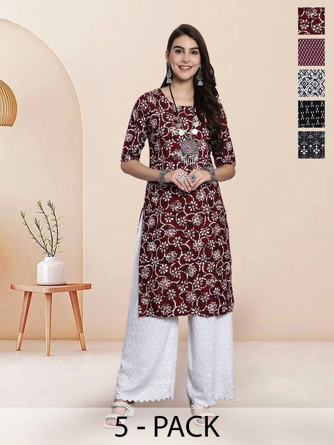 

7Threads Selection Of 5 Floral Printed Round Neck Straight Kurtas, Maroon