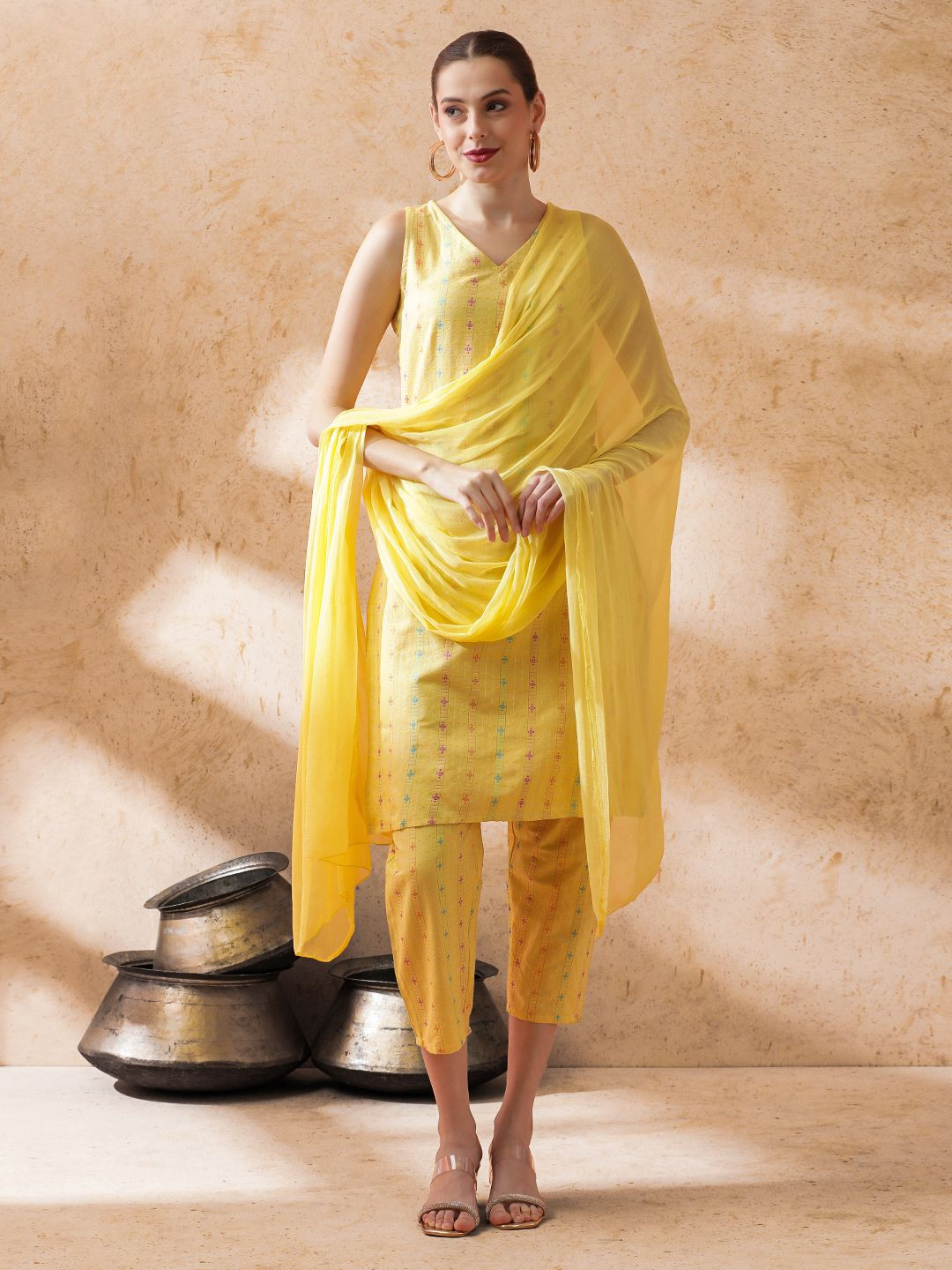 

STYLEBAAZI Woven Design V-Neck Straight Pure Cotton Kurta With Trouser & Dupatta, Yellow