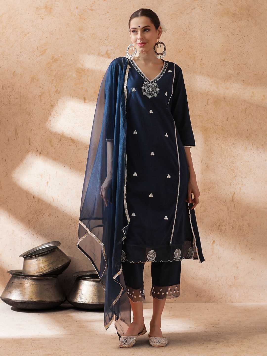

STYLEBAAZI V-Neck Floral Embroidered Pure Cotton A-Line Kurta With Trousers And Dupatta, Navy blue