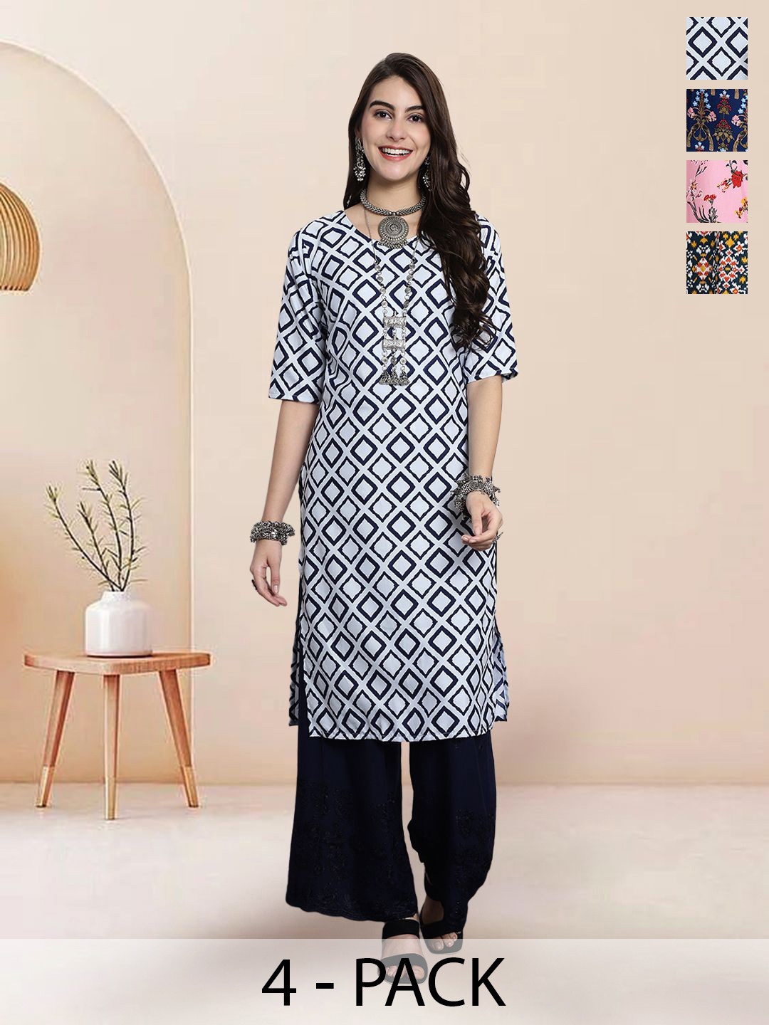 

7Threads Selection Of 4 Geometric Printed Round Neck Straight Kurta, Navy blue