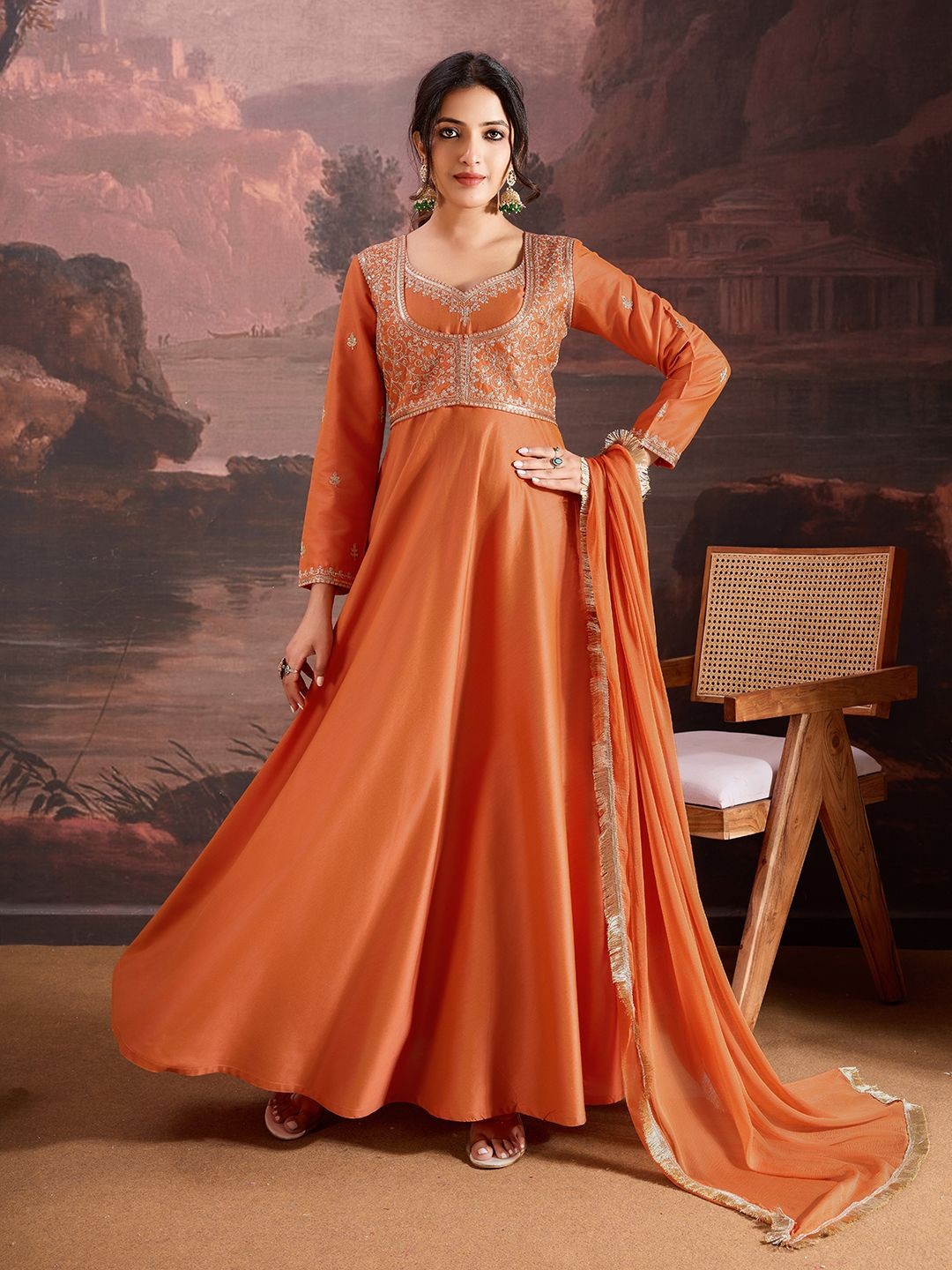 

House of Pataudi Embroidered Sweet Heart Neck Ethnic Dresses, Orange