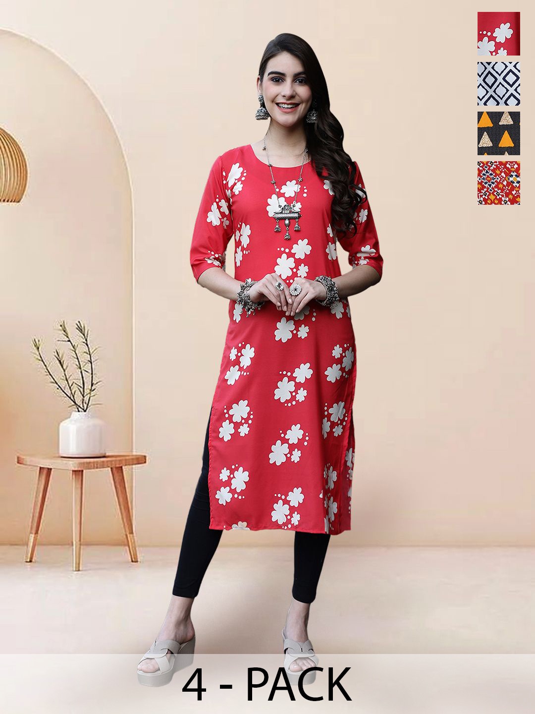 

7Threads Selection Of 4 Floral Printed Kurtas, Red
