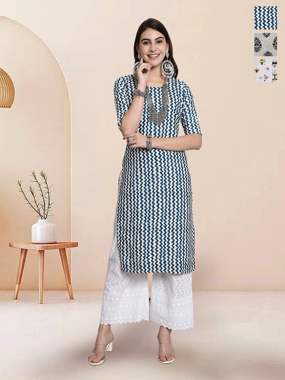 

7Threads Selection Of 3 Chevron Printed Round Neck Kurtas, Grey