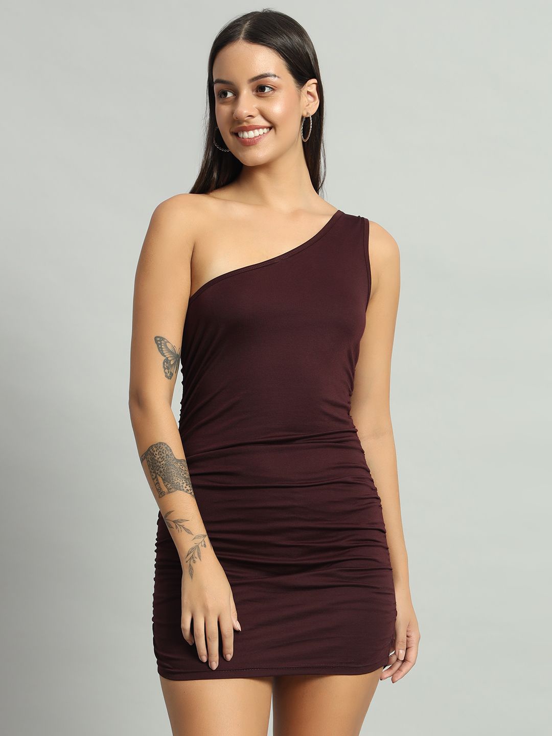 

ND & R Women Solid Strechable Single Shoulder Bodycon Dress, Maroon
