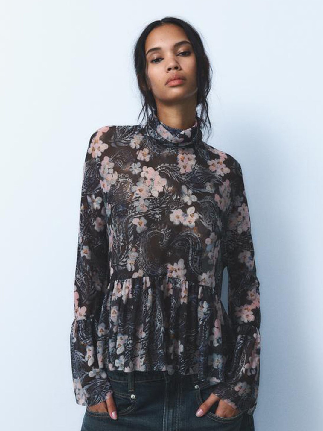 

LULU & SKY Floral Print Mandarin Collar Boxy Top, Multi