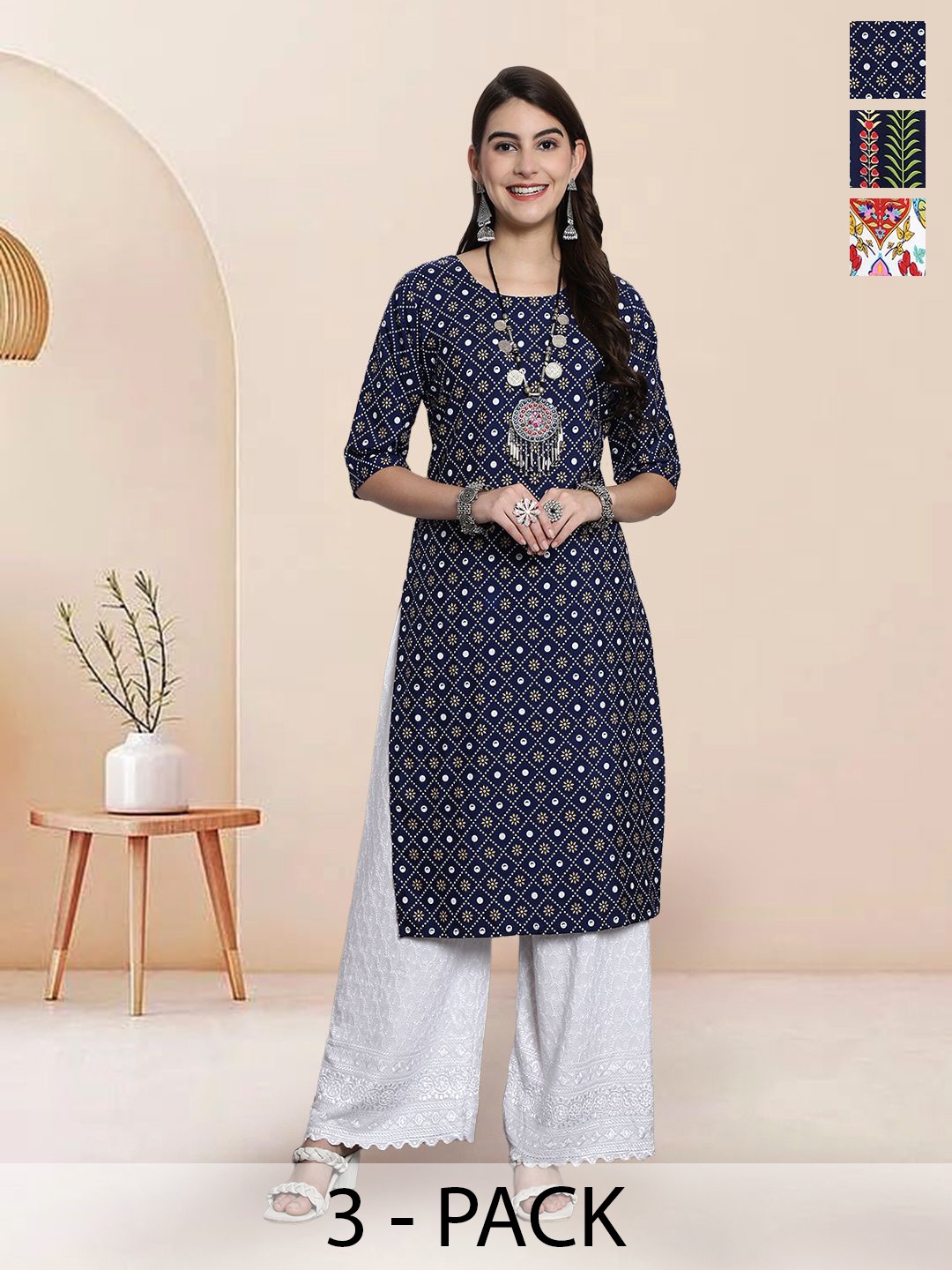 

7Threads Selection of 3 Ethnic Motifs Printed Round Neck Straight Kurtas, Navy blue