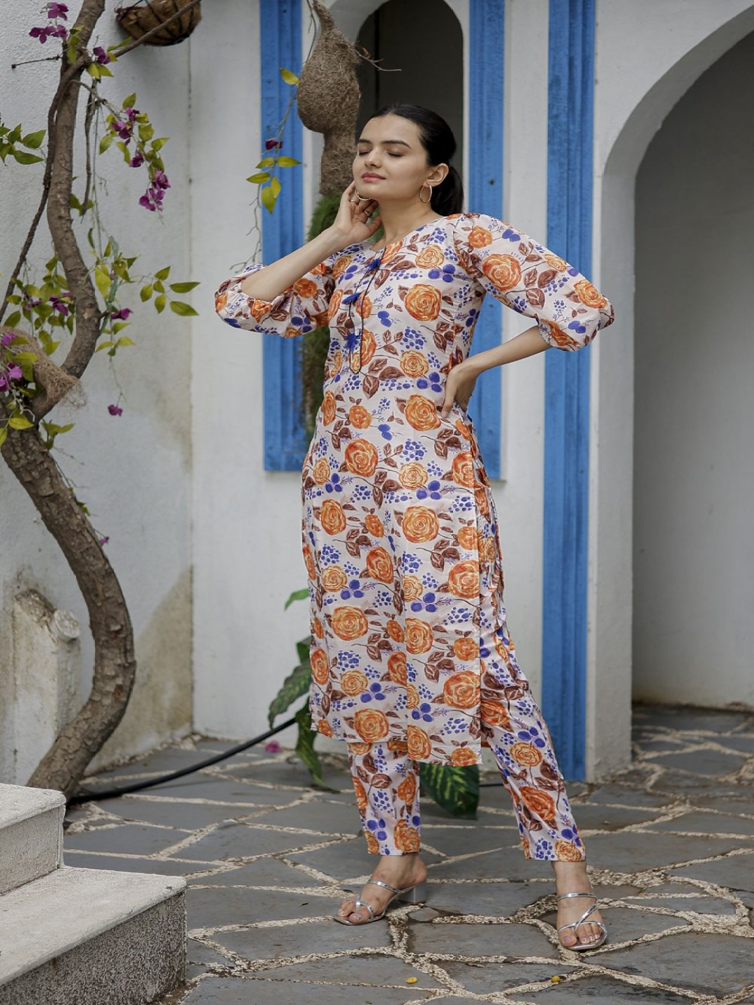 

KALINI Printed Round Neck Pure Cotton Tunic With Trouser, White