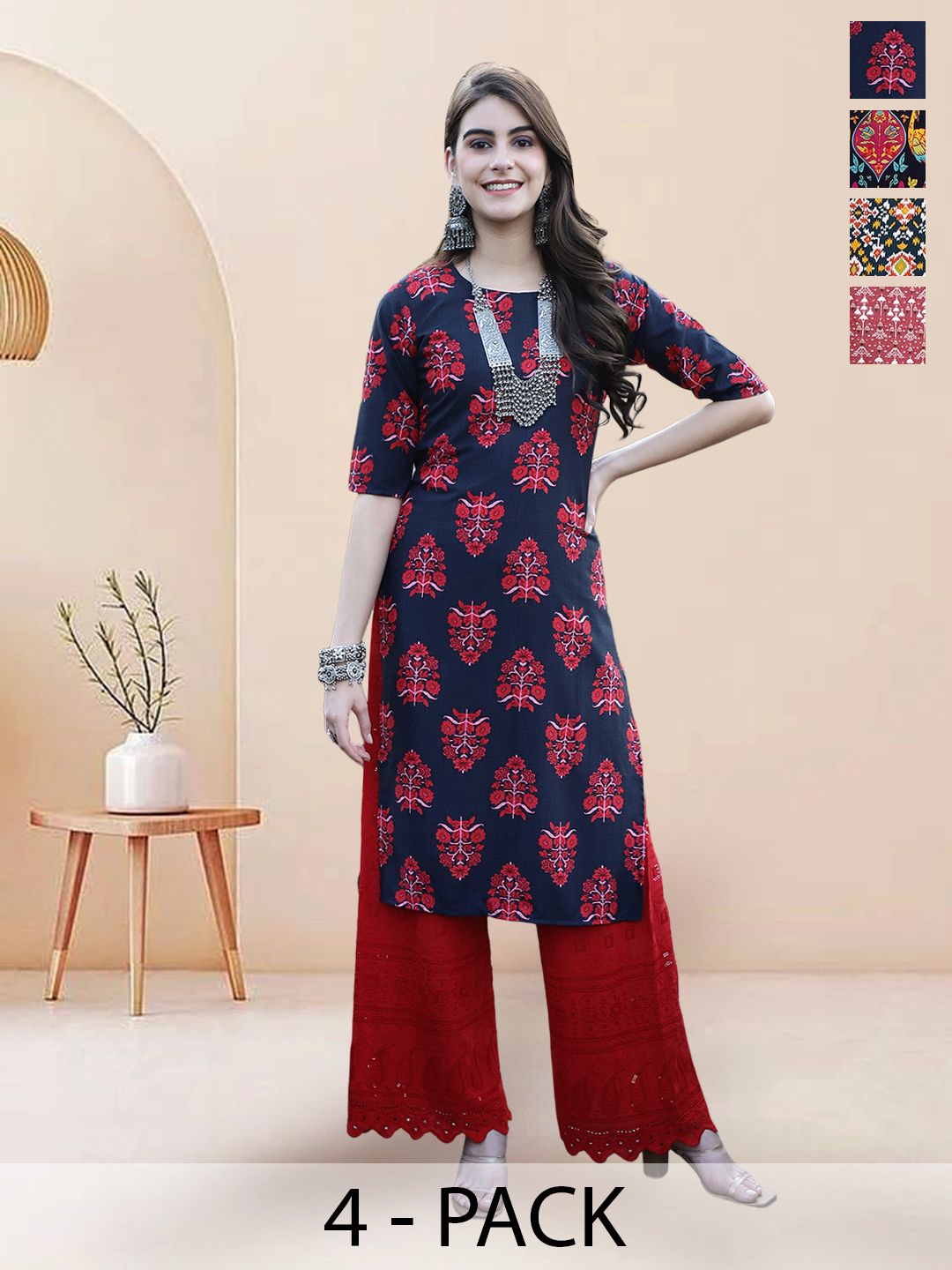 

7Threads Selection of 4 Floral Printed Round Neck Straight Kurtas, Navy blue