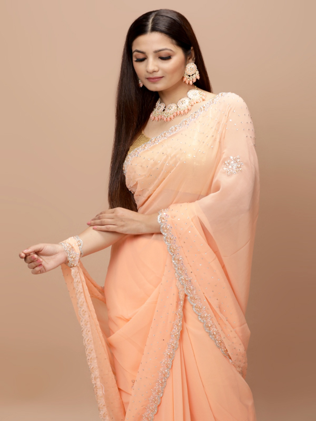 

Vervee Couture Embellished Beads and Stones Pure Georgette Saree, Peach