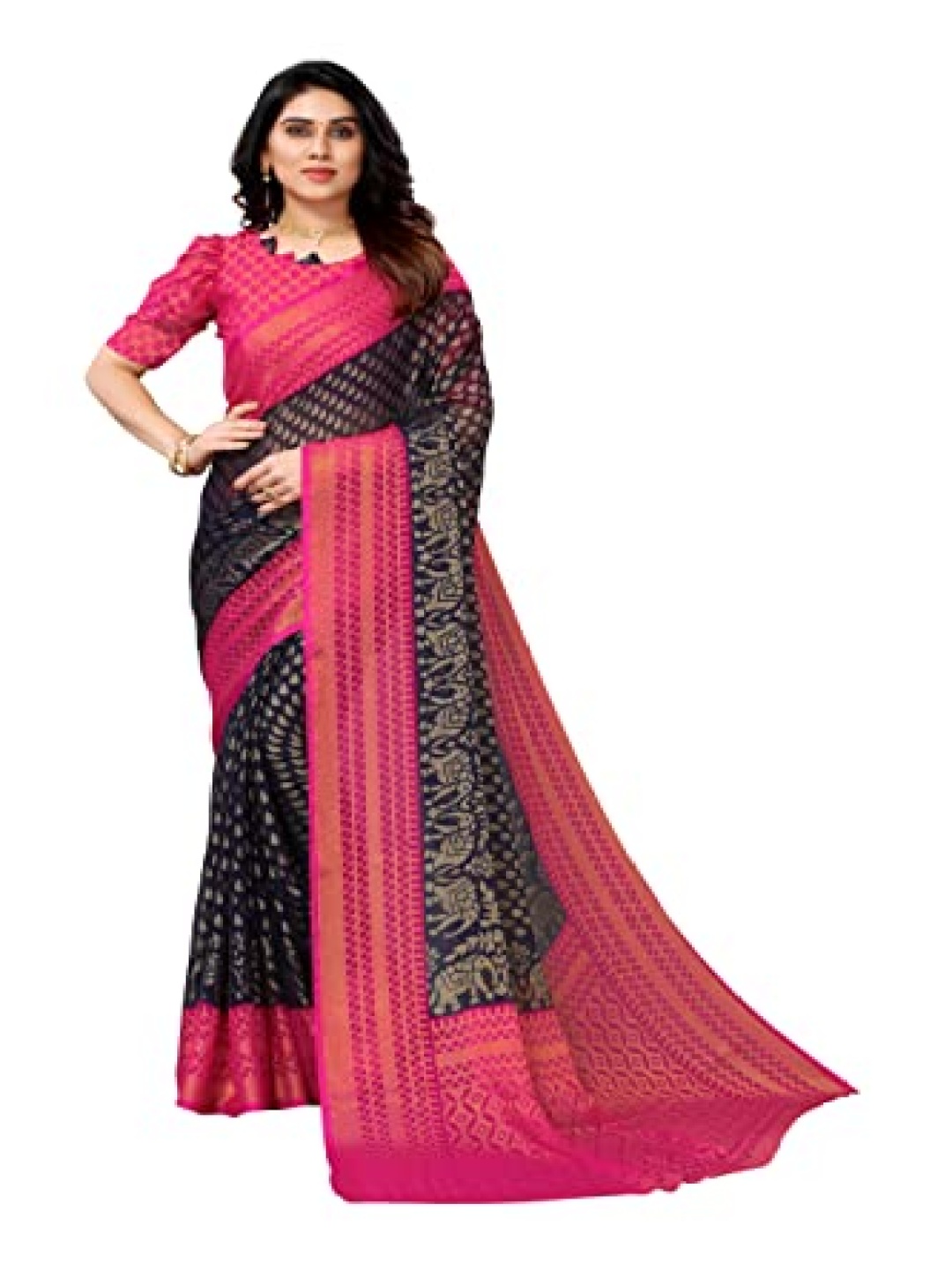 

Sanwariya Silk Ethnic Motifs Printed Brasso Saree, Navy blue