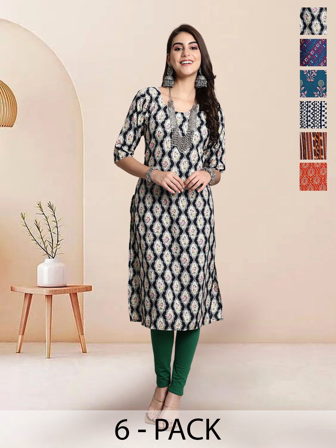 

7Threads Selection Of 6 Ethnic Motifs Printed Round Neck Straight Kurtas, Navy blue