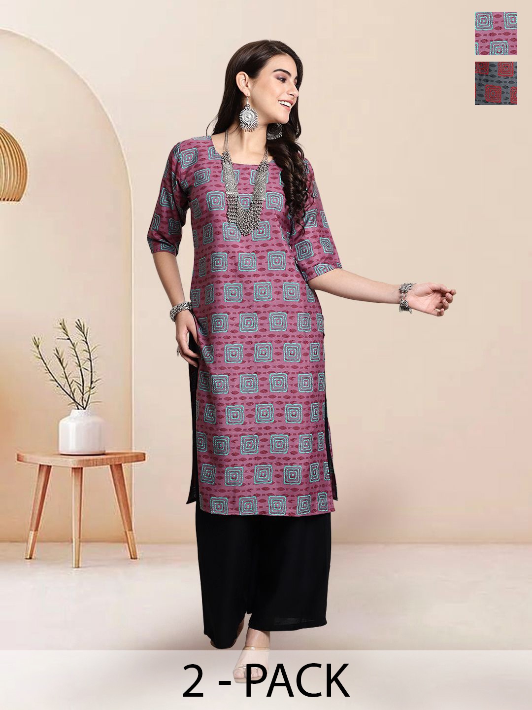 

7Threads Selection Of 2 Geometric Printed Round Neck Straight Kurtas, Purple