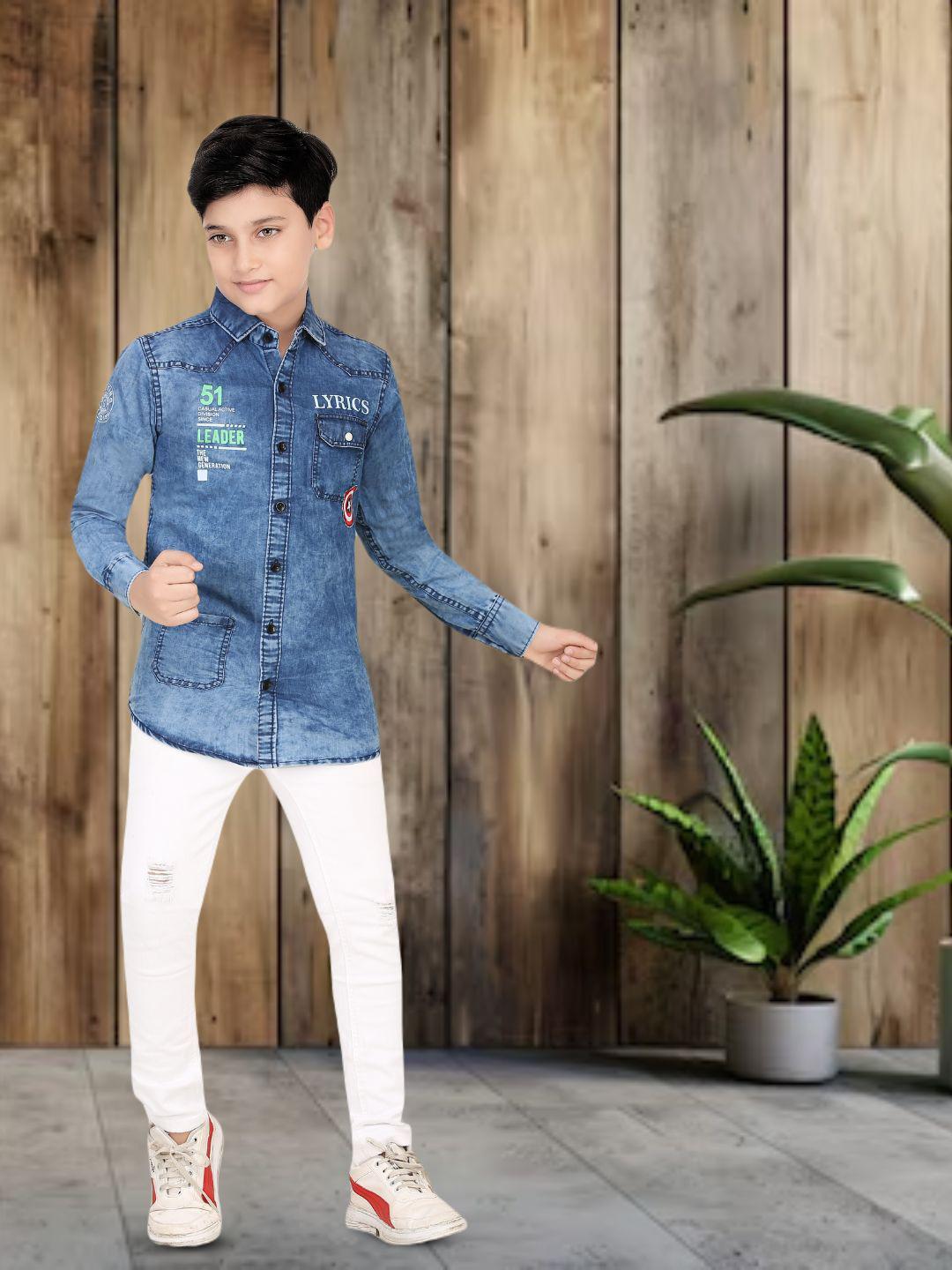 

FASHION GRAB Boys Classic Spread Collar Faded Denim Casual Shirt, Blue