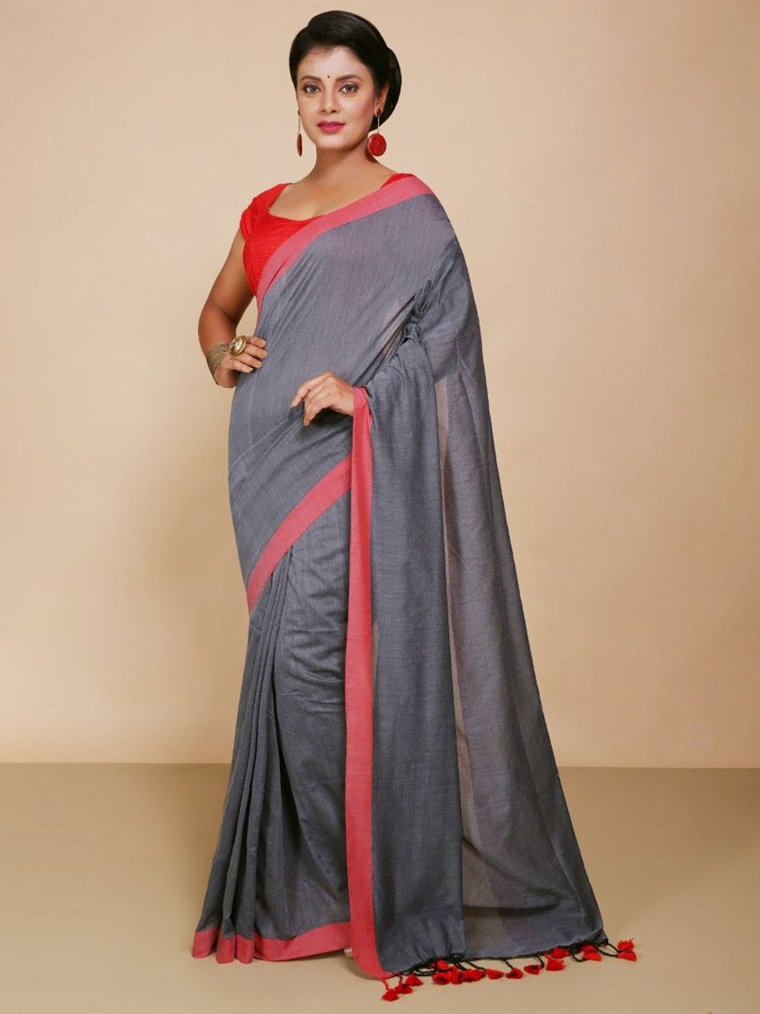 

BENGAL HANDLOOM Pure Cotton Taant Saree, Black