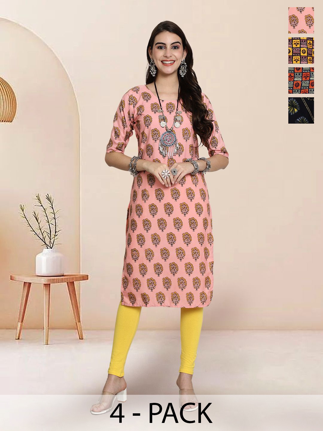 

7Threads Selection Of 4 Ethnic Motifs Printed Round Neck Kurtas, Peach