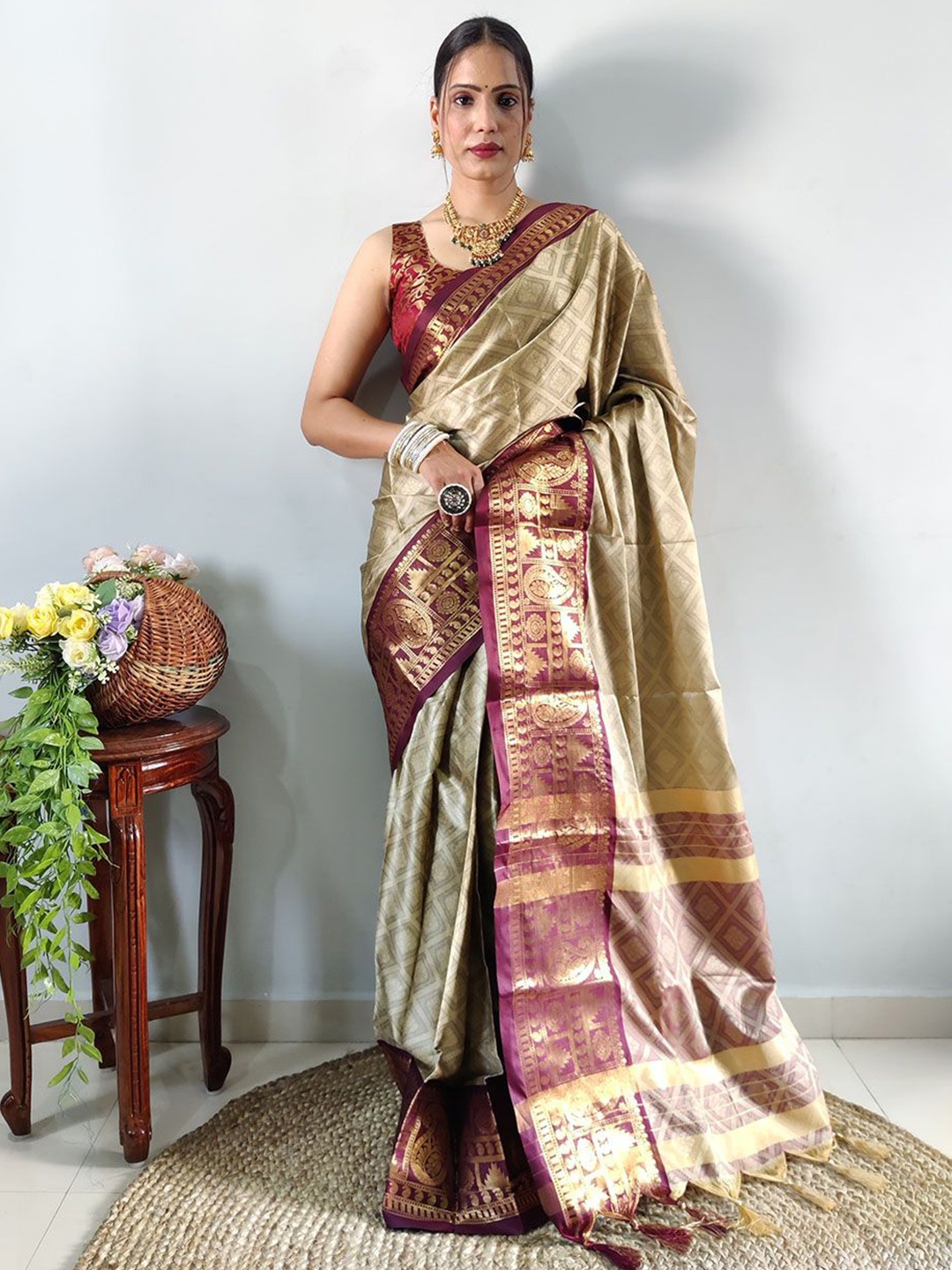

A TO Z CART Ethnic Motifs Zari Silk Cotton Banarasi Saree, Brown