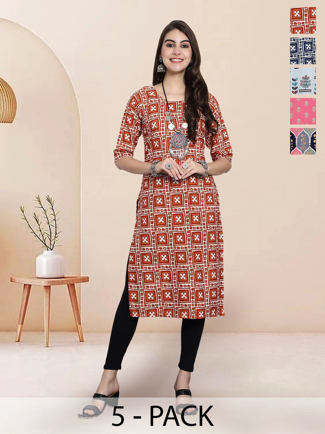 

7Threads Selection Of 5 Ethnic Motifs Printed Round Neck Straight Kurtas, Brown