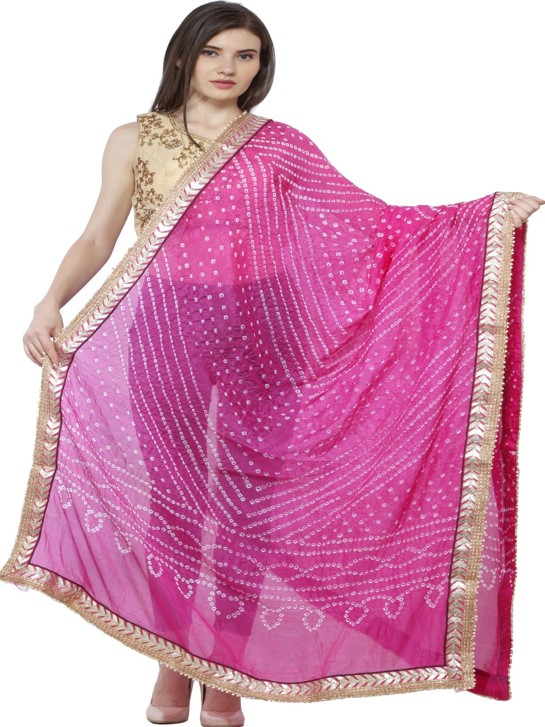 

Exotic India Ibis Rose Tie-dye Print and Gota Border Silk Jodhpuri Dupatta, Pink
